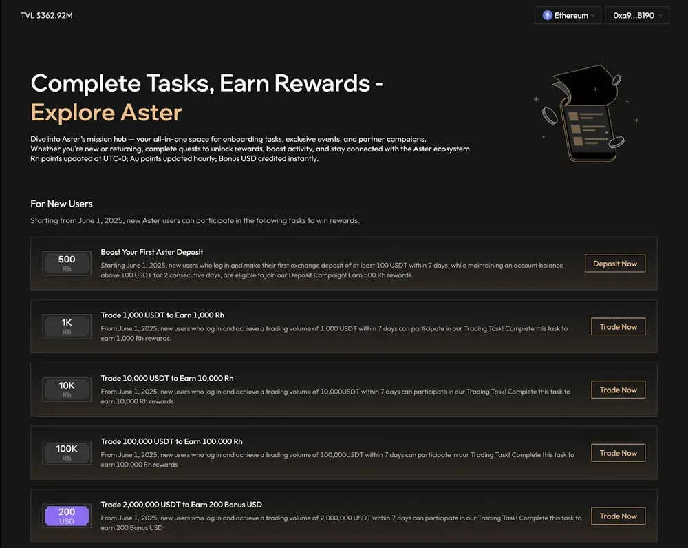 Aster Dex 存款页面显示 Deposit Now 按钮及多链资产选项