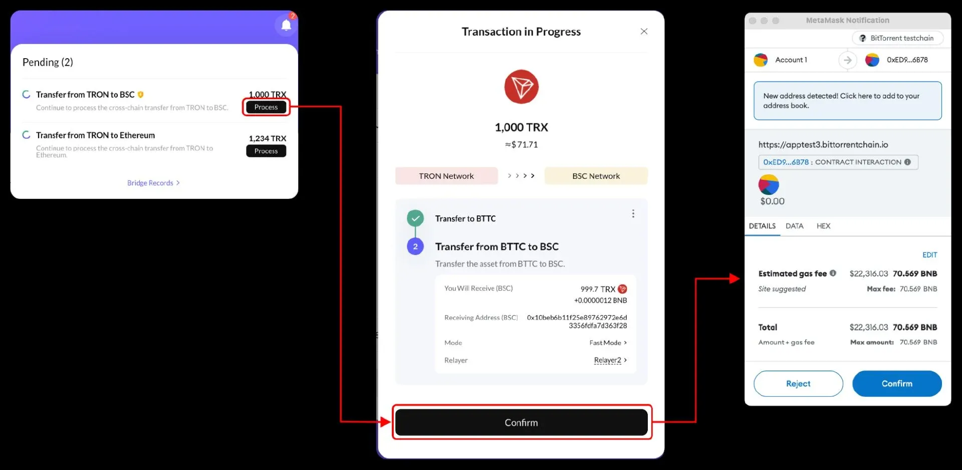 BTTC Bridge receiving page: authorization options, manual/auto toggle, gas hint