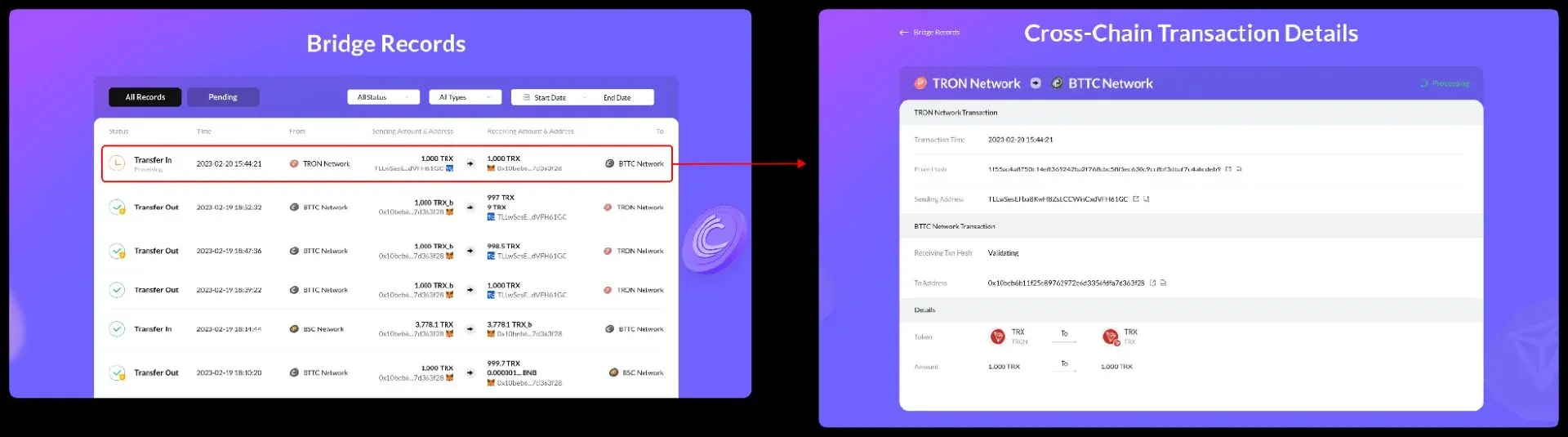 BTTC Bridge records page: transaction hash, asset, status