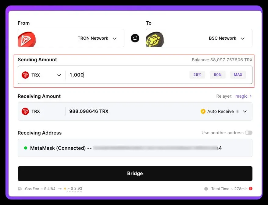 BTTC Cross‑Chain Bridge Manual Receive page: token selection, amount input, estimated arrival