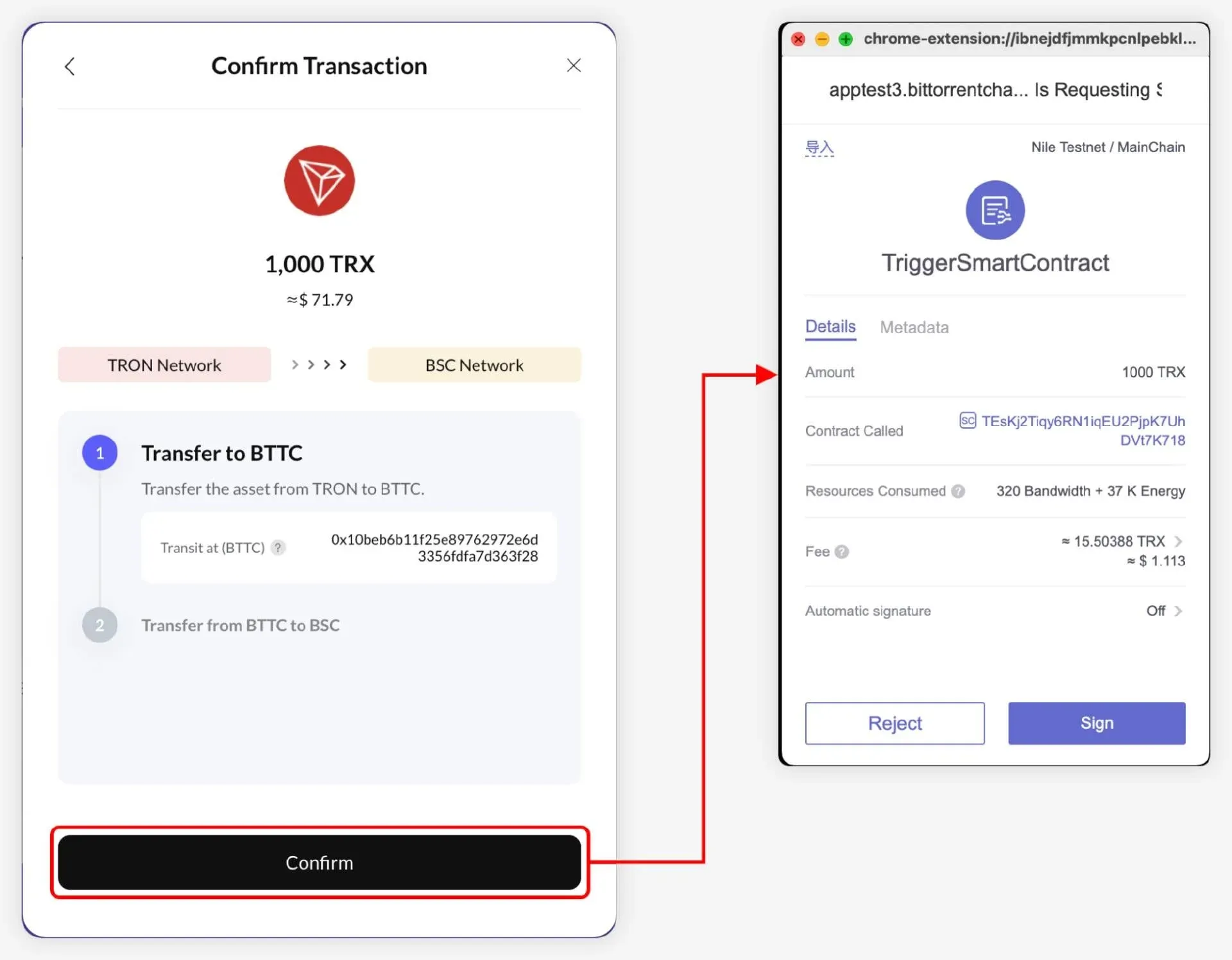 BTTC Bridge interface: Bridge button and fee info in Manual Receive mode