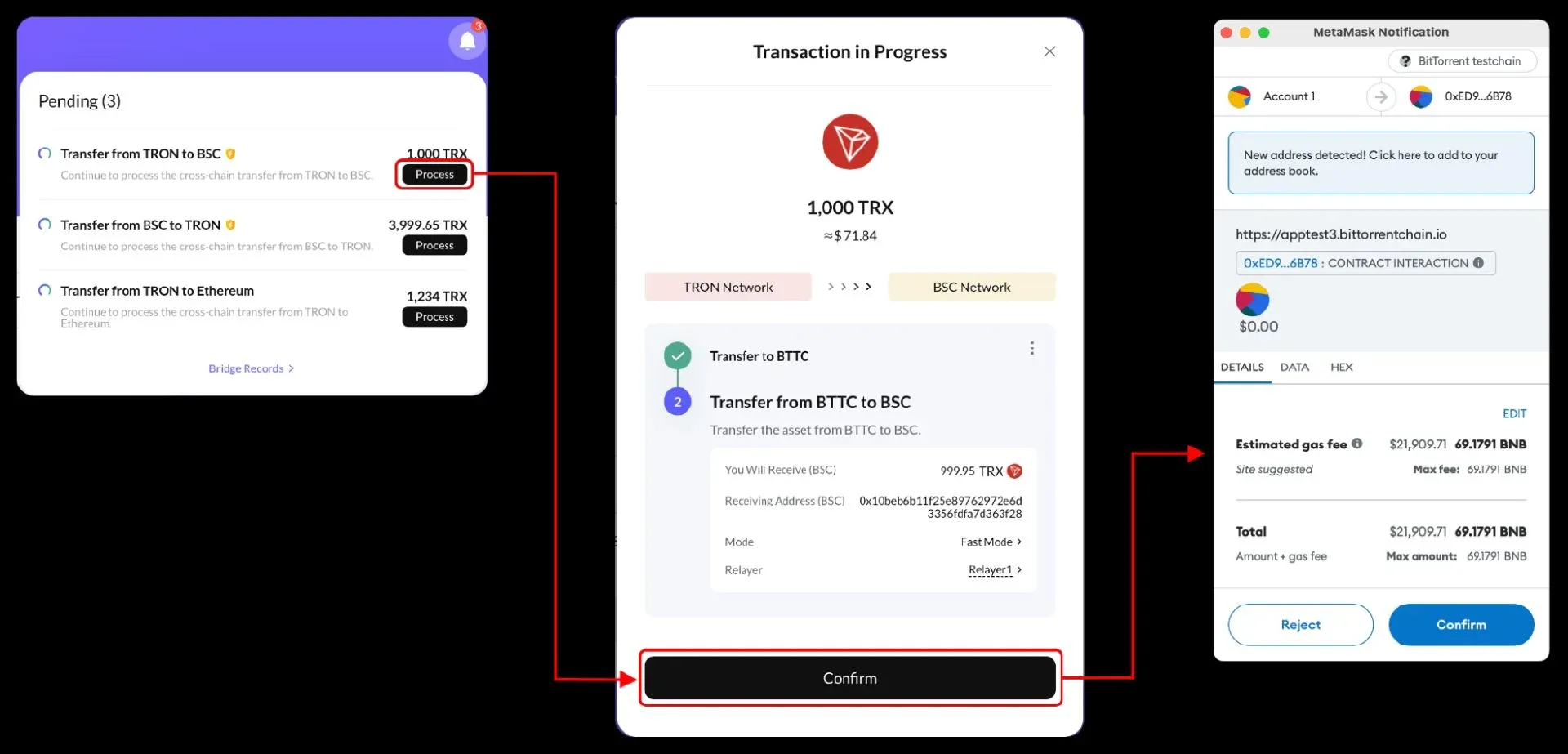 BTTC Bridge Process page: transaction details and authorization button