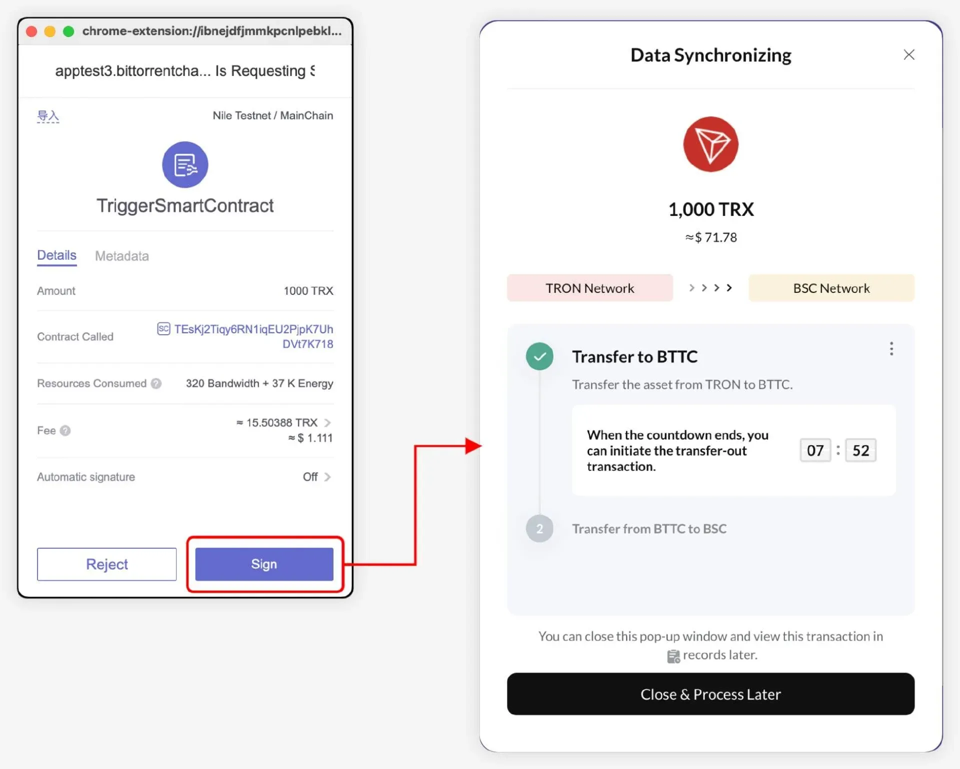 Bridge page: TRON→BTTC, Auto Receive + Gas Top‑Up option