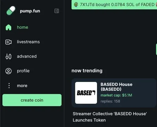 Pump.fun 页面显示“开始新币”选项按钮