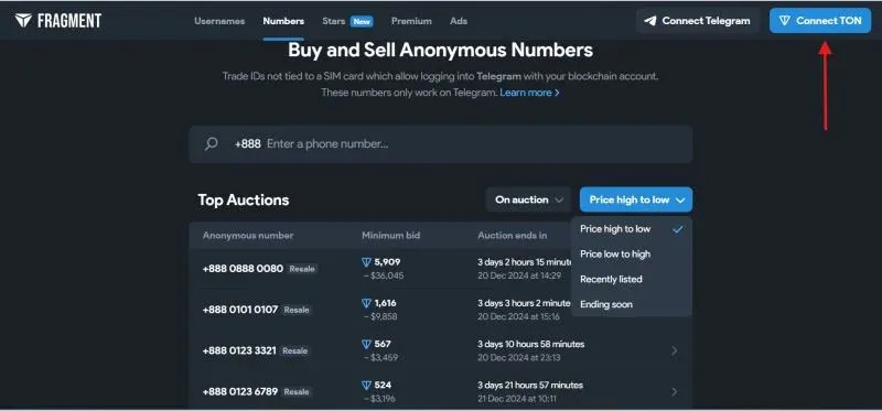 Fragment interface showing a “Connect TON” button and wallet list in the top‑right corner