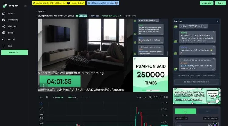 Pantalla de livestream de Pump.fun con chat a la izquierda y ranking a la derecha