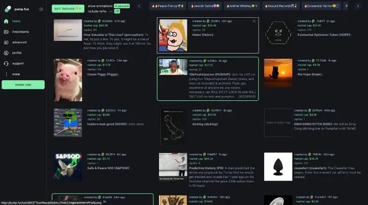Pantalla de creación y trading de tokens en Pump.fun