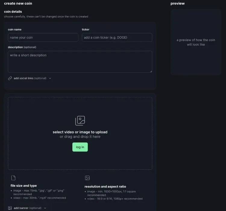 Formulario de creación de token en Pump.fun con campos de nombre, símbolo e ícono