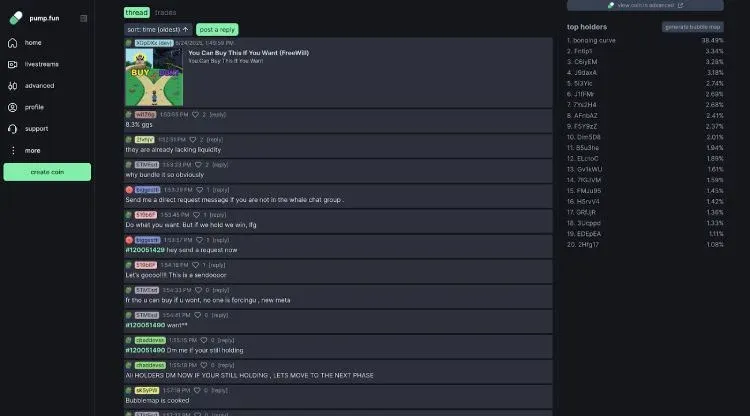 Pantalla de livestream de Pump.fun con presentación de proyecto y botón de compra junto al ranking