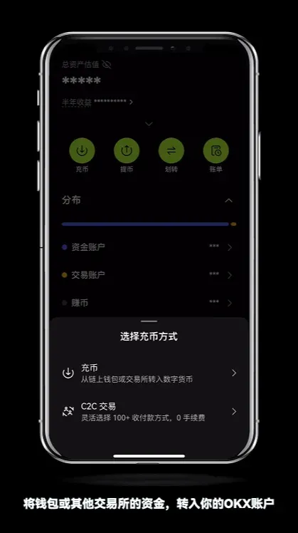 Página de depósito no APP OKX exibindo código QR do endereço; lista de tokens na barra de busca