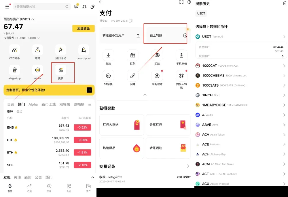 Página de pagamentos do Binance App exibindo opção de transferência on‑chain e janela de escaneamento de QR code