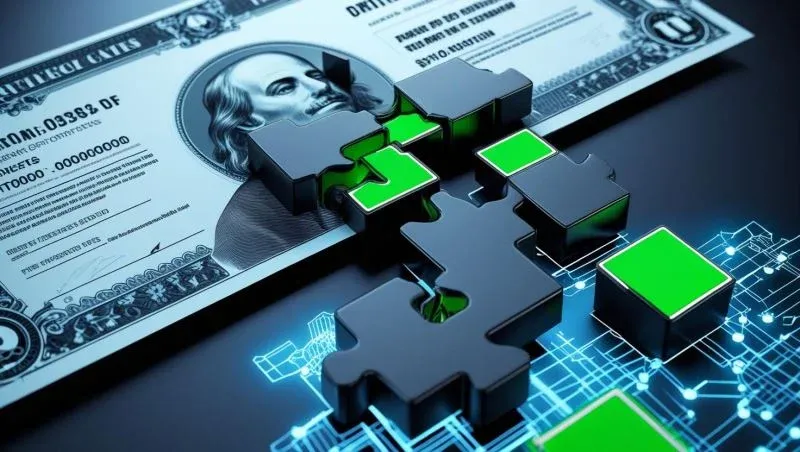 Illustration of stock certificate intertwined with blockchain chain