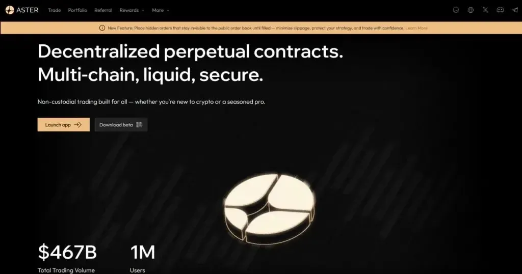 Aster trading platform interface showing multi‑chain perpetual contract charts