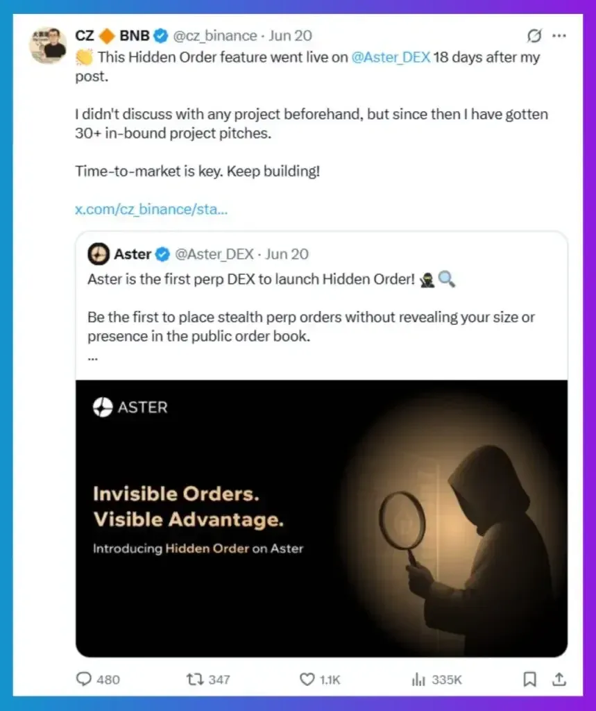 Screenshot of CZ’s X (formerly Twitter) post about Aster