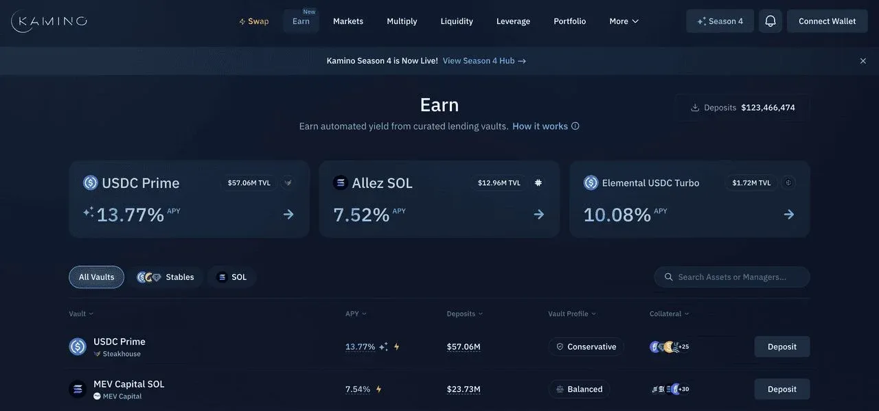 Kamino Finance 标志及借贷平台界面