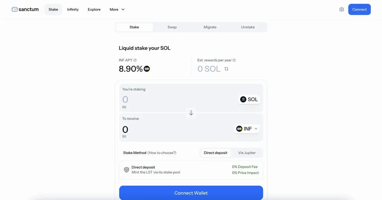 Sanctum 标志与 INF 代币,示意流动质押结构