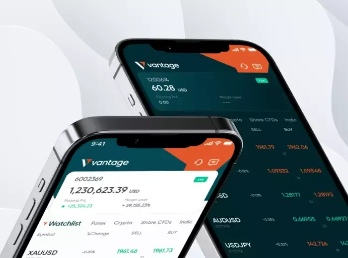 Screenshot of Vantage exchange homepage showing logo and navigation bar