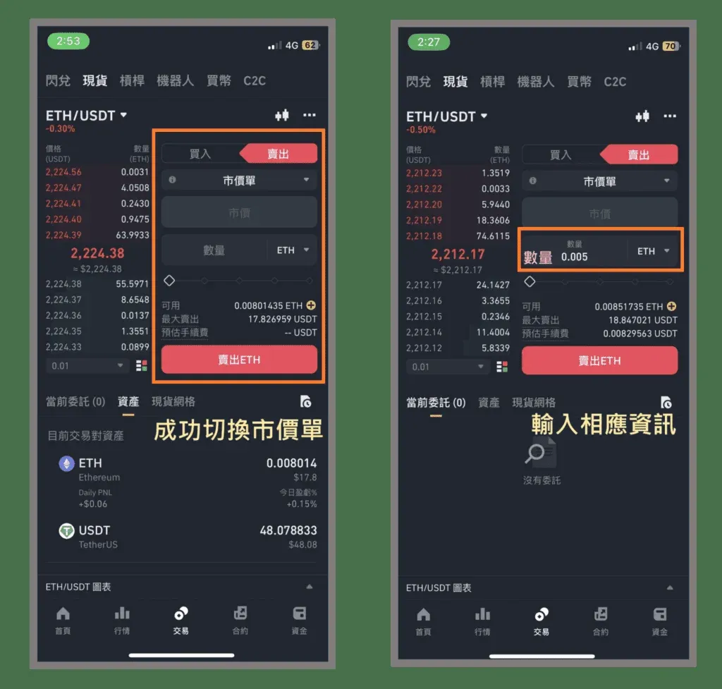 Página spot de Binance donde se ingresa 0,05 ETH para vender y se pulsa el botón de venta