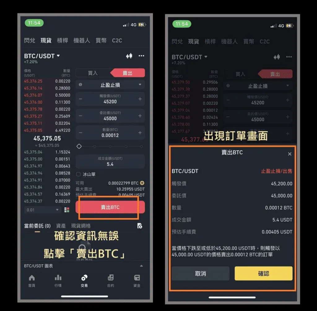 Binance spot trading page order confirmation popup showing Bitcoin sell details