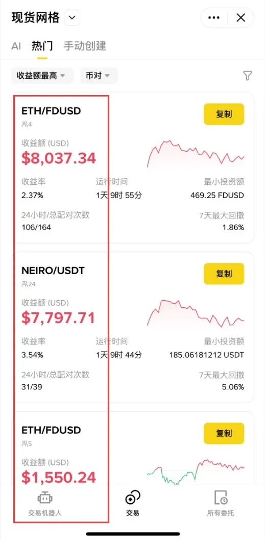 币安现货网格交易页面的操作界面