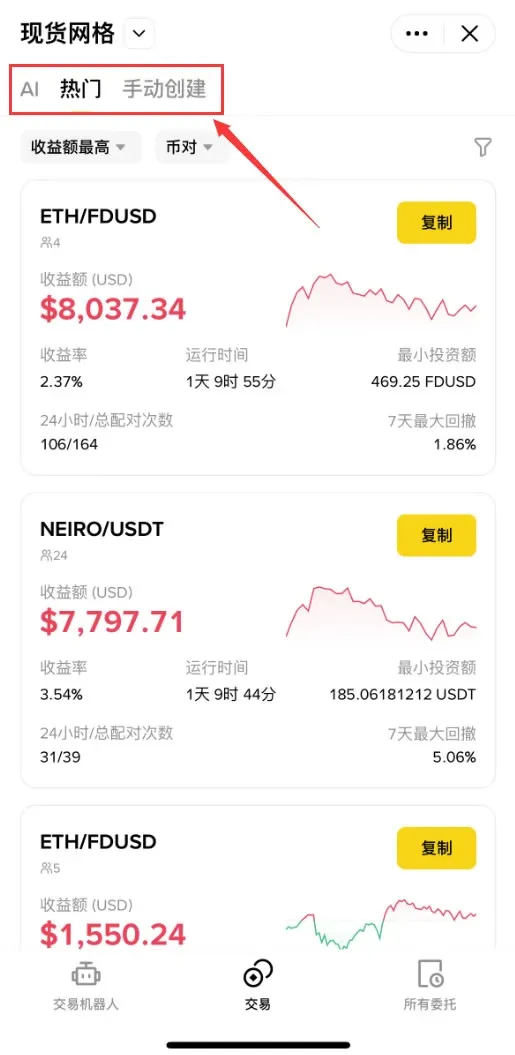 幣安現貨網格頁面顯示AI熱門手動建立按鈕 AI設定頁提供複製標的及現貨做多合約做多做空中性選項