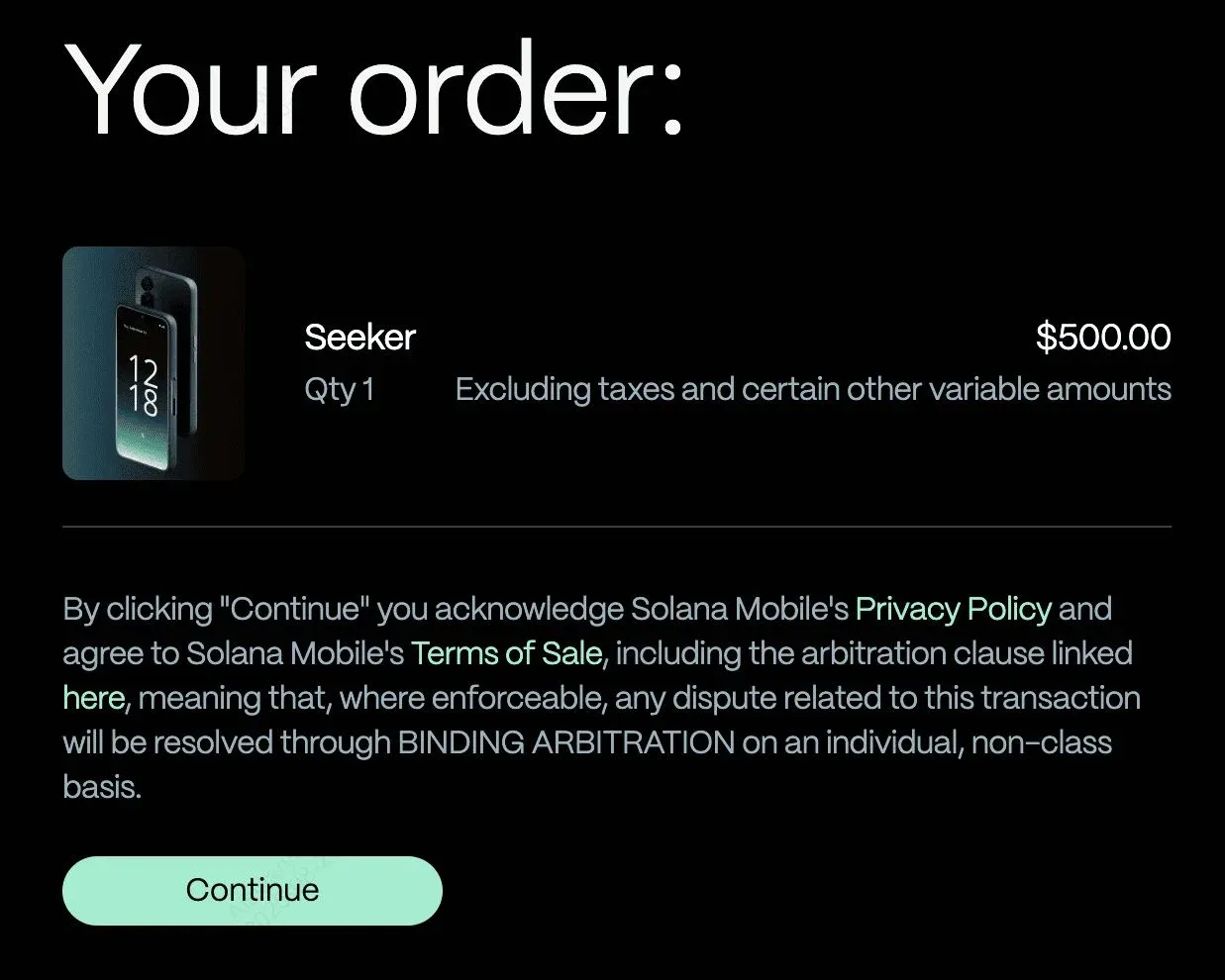 Screenshot of the Solana Seeker product page on the Solana Mobile store