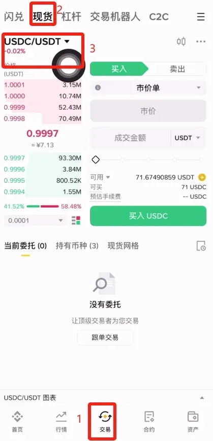 Binance Spot page USDC/USDT market sell order interface