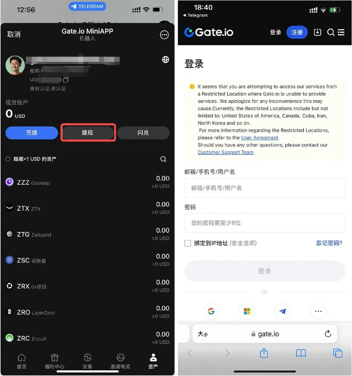 Gate.io Telegram 小程式資產頁面展示餘額