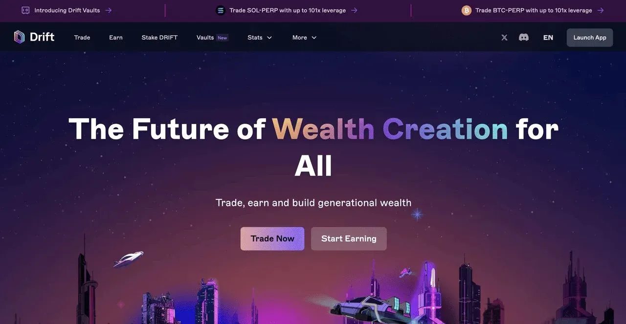 Ilustração da interface de negociação do Drift Protocol na Solana