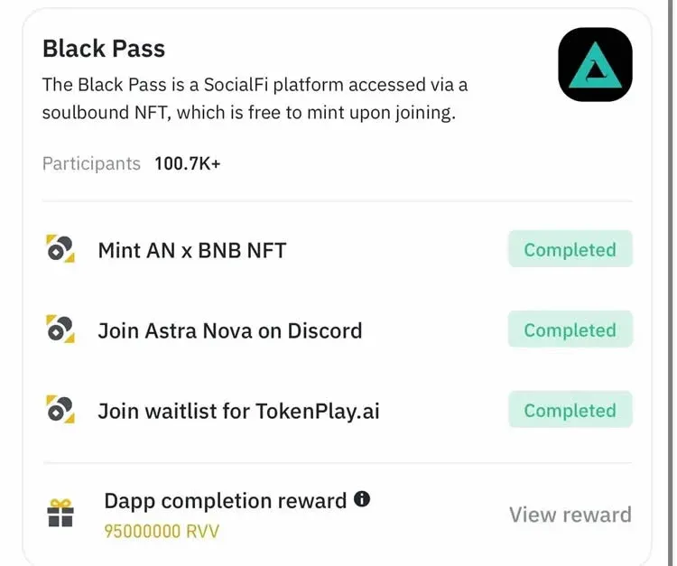 Página de la actividad Alpha de Binance con barra de progreso de puntos y íconos de recompensas
