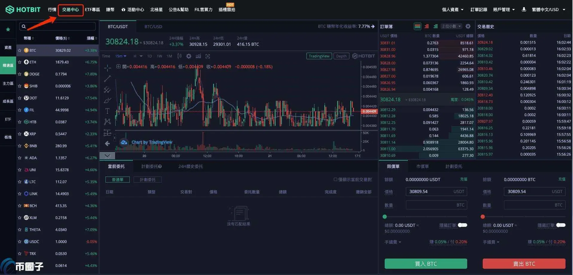Página de comercio de Hotbit con cuadro de búsqueda que ingresa ETH y muestra lista de pares de comercio