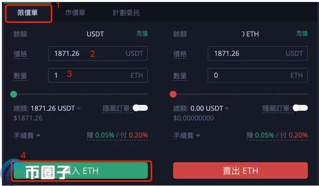 Página de orden límite de Hotbit llenando precio y cantidad, marcando orden oculta y haciendo clic en comprar