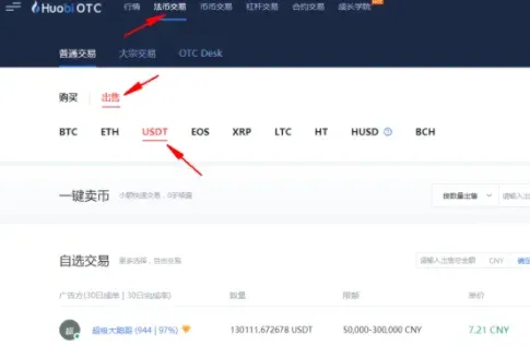 Página de trading fiat de Huobi que muestra la lista de precios para vender USDT