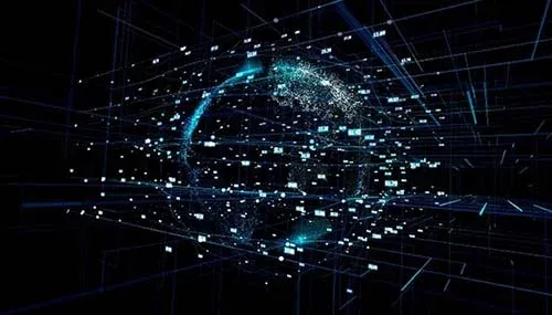 Cenário virtual do metaverso exibindo o símbolo da criptomoeda e avatares