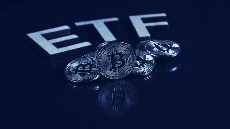 Bitcoin logo next to ETF fund icons