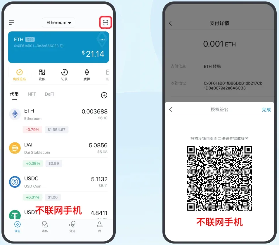 imToken 授權簽名畫面，密碼輸入框與 QR Code