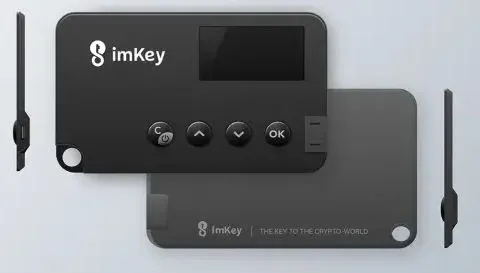 Frontal de la cartera imKey con ícono Bluetooth y logotipos de monedas