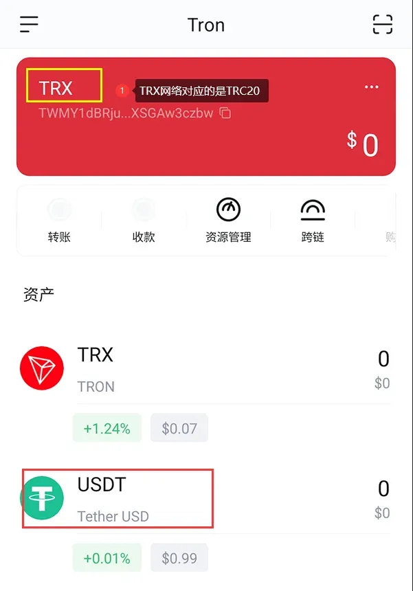 Ícono de USDT TRC20 ya visible en la interfaz de la billetera