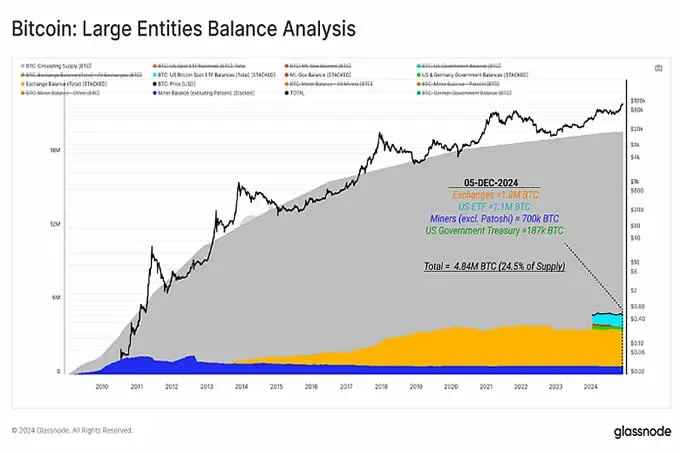 Bitcoin holdings distribution chart showing exchange, ETF, miner, government holdings proportion