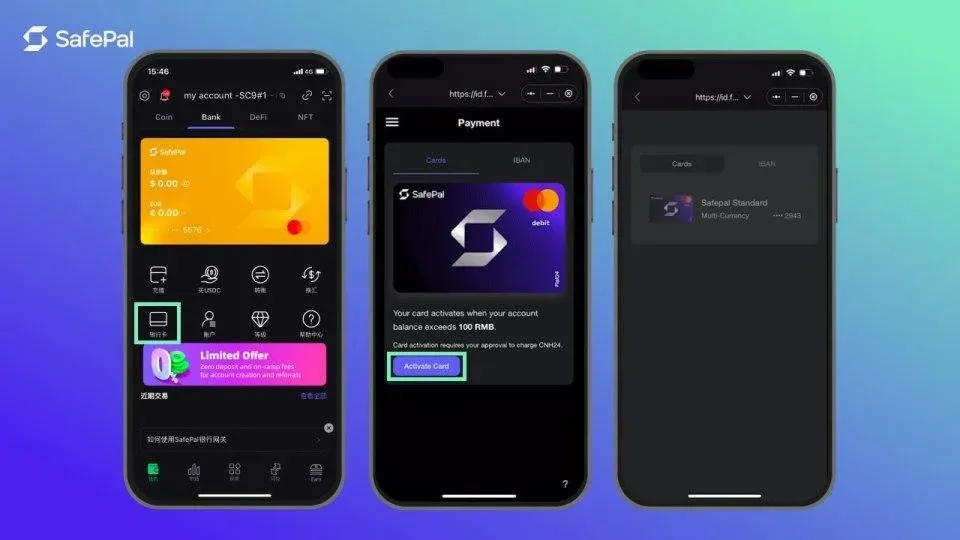 Página Bank de la app SafePal mostrando información de la tarjeta Mastercard conjunta y configuración de pagos