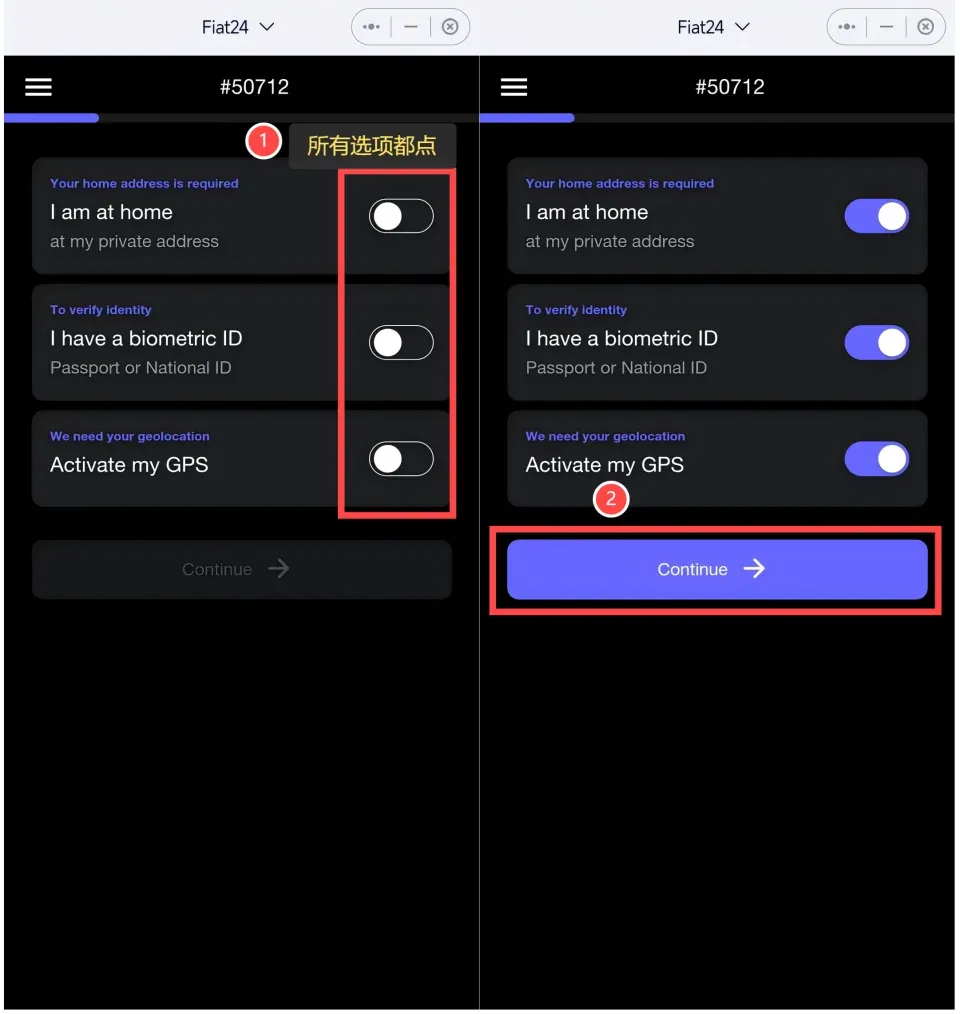 Pantalla de SafePal con dirección, ID y GPS activados, mostrando el botón “Continuar”