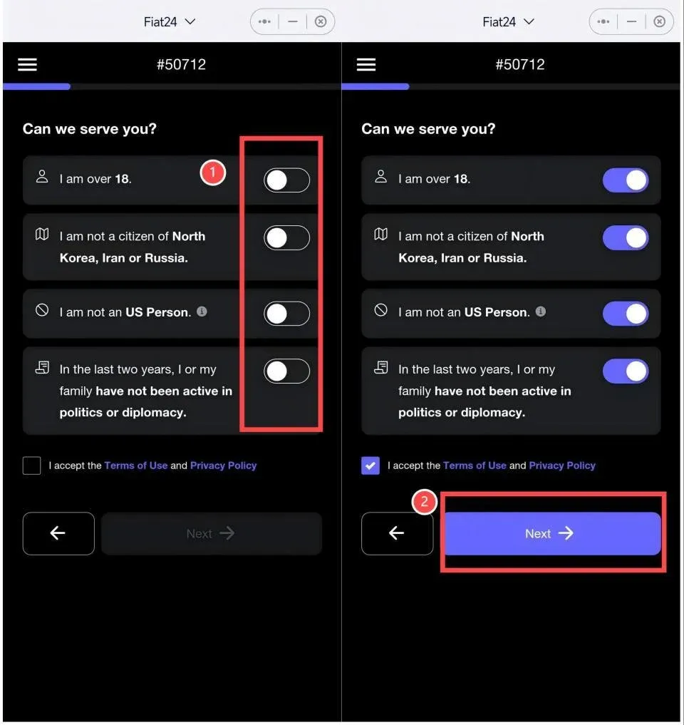 Página de información personal de la app SafePal con los cuatro ítems marcados y pulsando “Continuar”