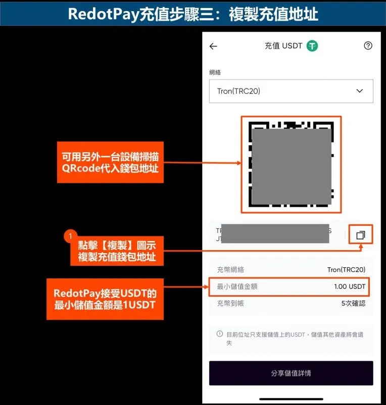 Paso 3 de la recarga en RedotPay: copia la dirección de depósito