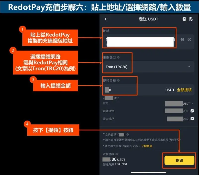RedotPay top‑up step 6 – paste address, select network, input amount