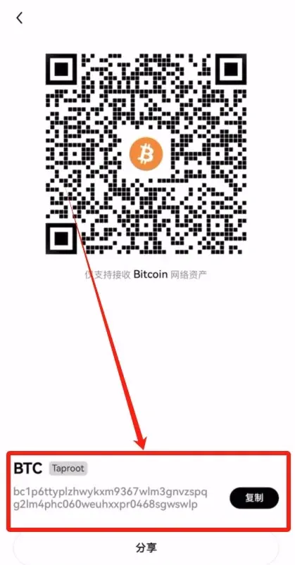 Endereço de depósito Bitcoin na carteira com botão de copiar
