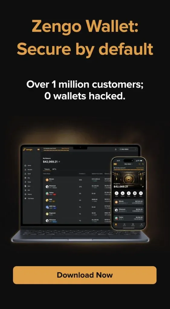 Pantalla del móvil mostrando la interfaz de Zengo con iconos de múltiples activos criptográficos