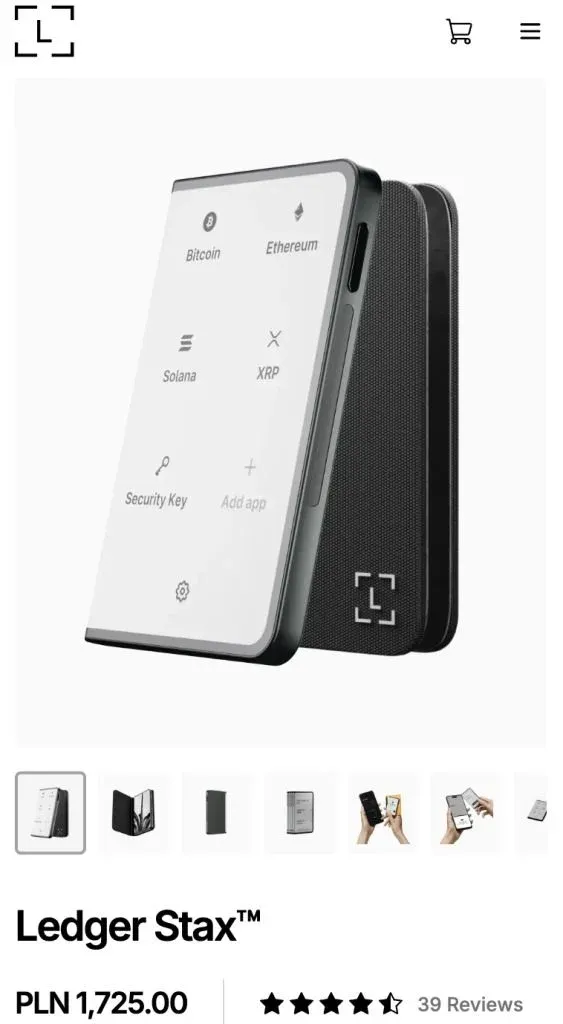 Ledger Stax, billetera de hardware con pantalla de tinta electrónica curvada mostrando un NFT