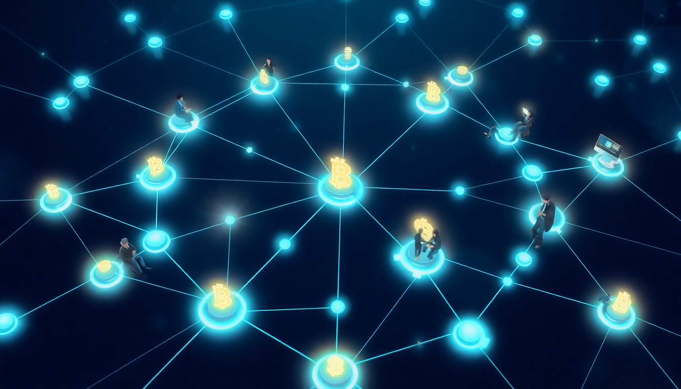 A digital network of interconnected nodes representing a decentralized organizat