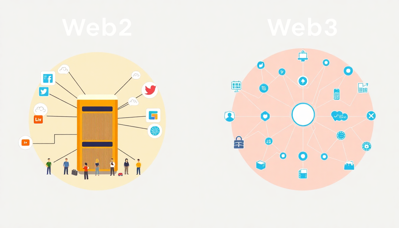 A visual comparison between Web2 (centralized servers, big tech logos) and Web3