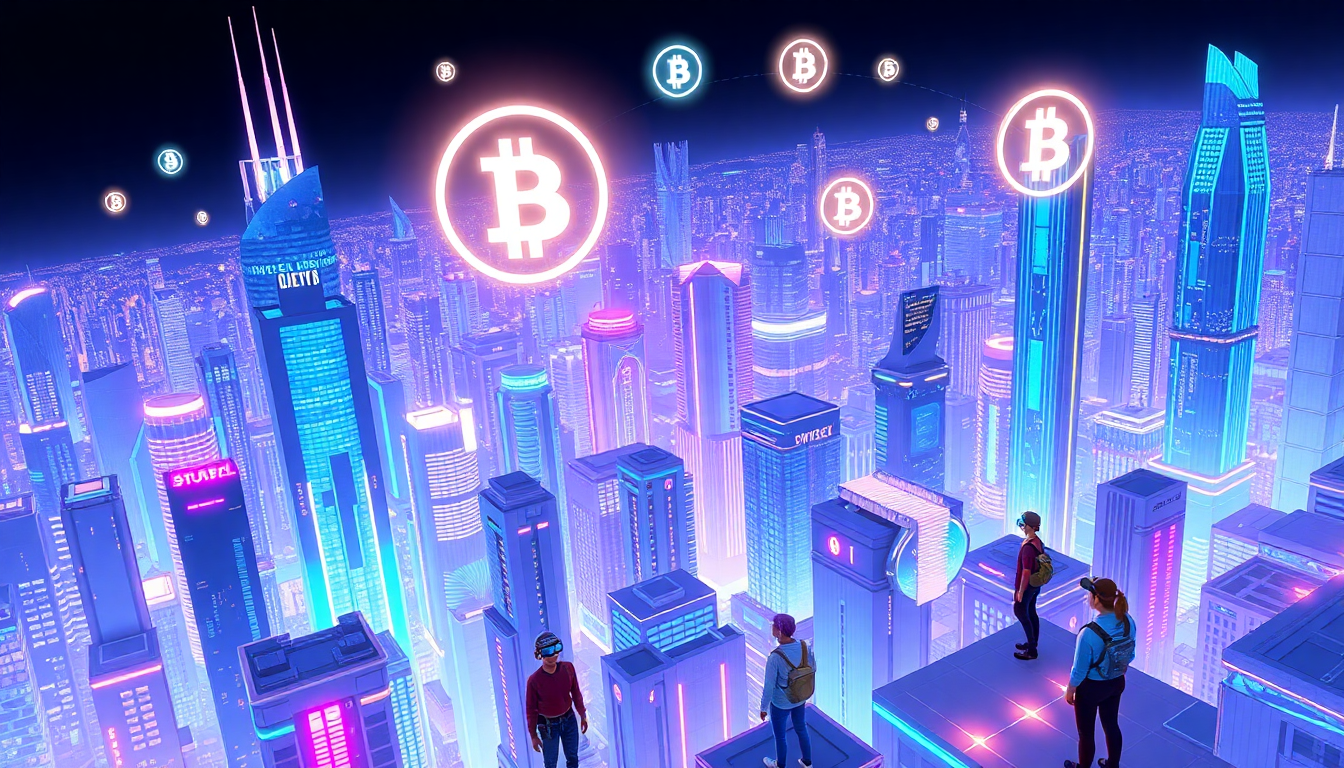 A futuristic 3D virtual city with floating digital assets, glowing cryptocurrenc
